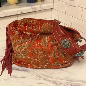Hobo tapestry red & golden brown Montana West shoulder bag w/ side fringes